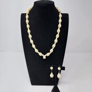 Hawaiian Pikake Bead Necklace Earrings Set Carved Shell Vintage Lei 22"